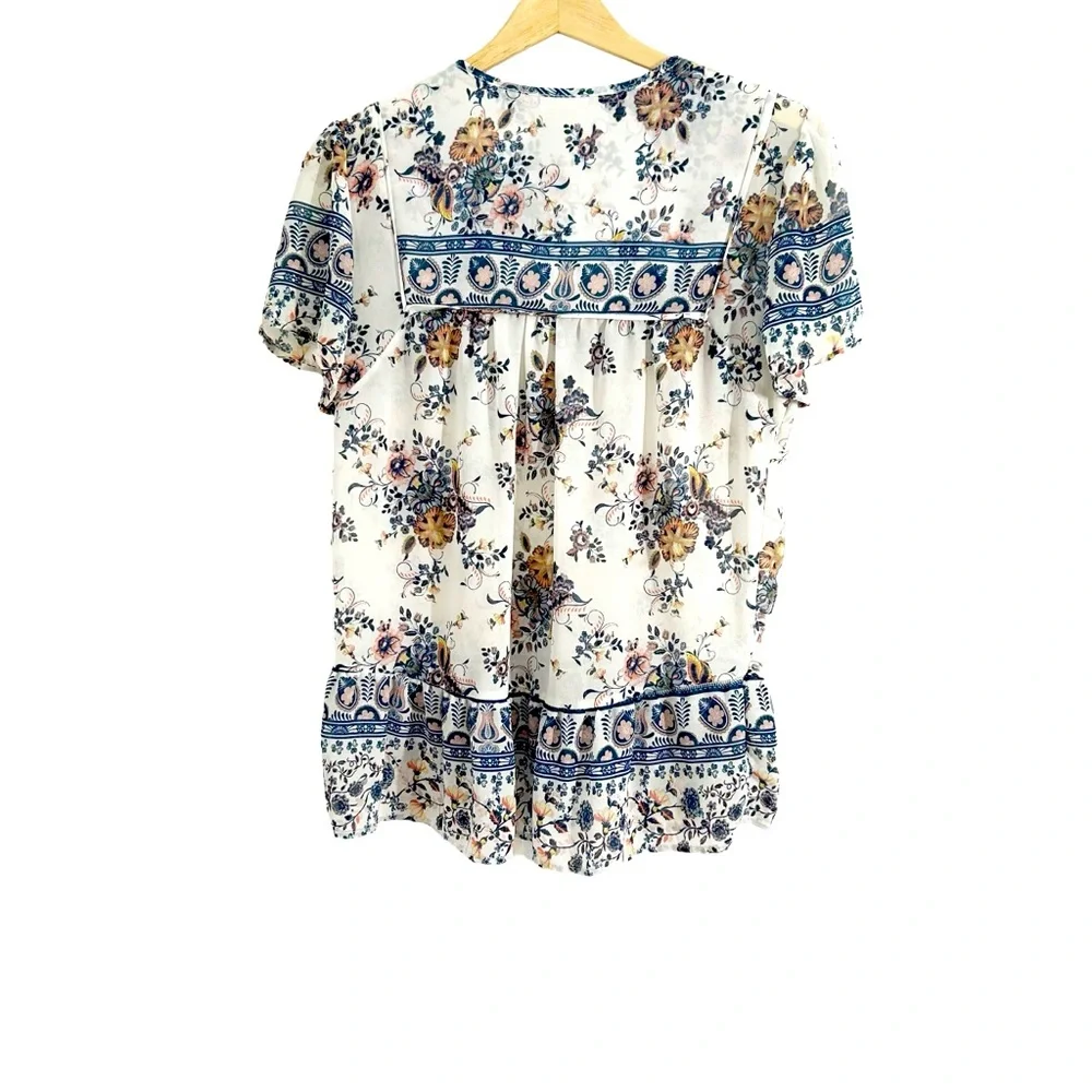 Knox Rose Small White Multicolor Floral Boho Peasant Tie Front Blouse